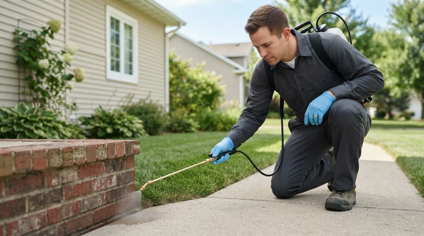Pest control technician treating a home near Hamilton, ND
